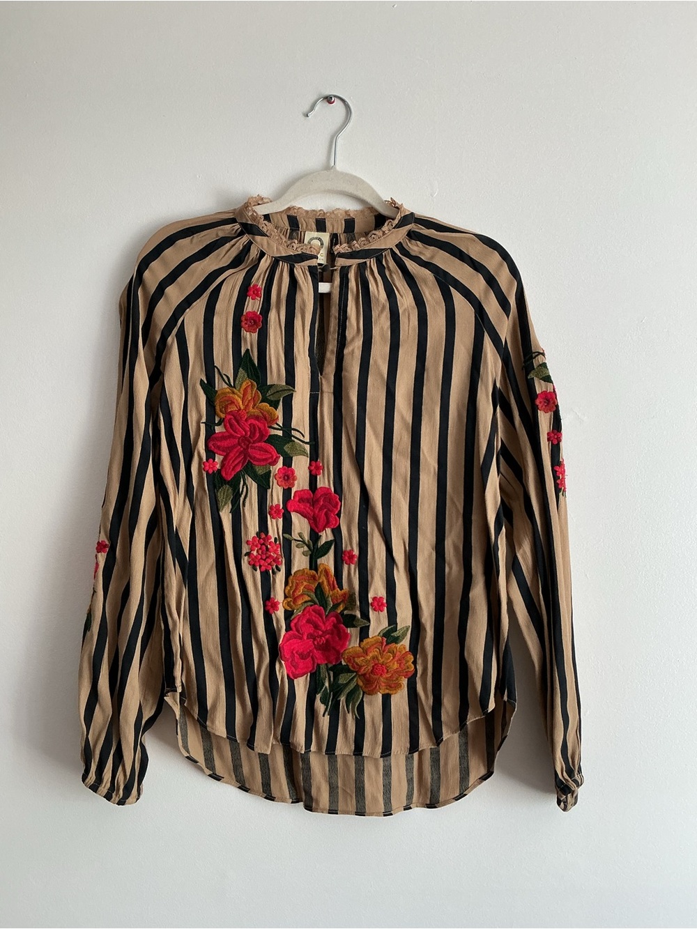 Embroidered Striped Button-Front Blouse - Beige/Black with Red Floral